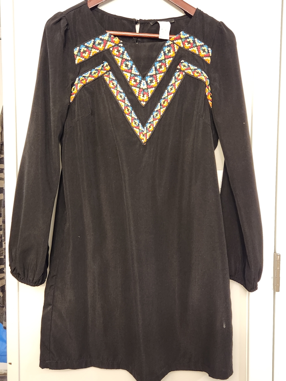 Black Long-Sleeve Dress with Colorful Embroidered V Yoke
